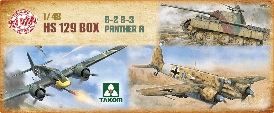 Takom 48001W 1/48 Hs 129 BOX: B2/B3 Aircraft x2, Pilot x2 and Panther A Tank [Limited Edition]