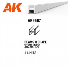 Styrene Beams H Shape (height 1.5, flank 1.5, length 350mm, 4 white polystyrene strips)