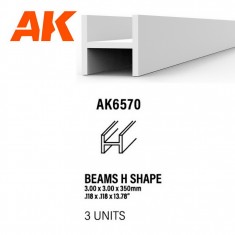 Styrene Beams H Shape (height 3.0, flank 3.0, length 350mm, 3 white polystyrene strips)