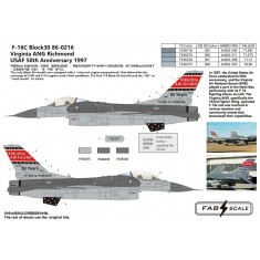 1/72 Virginia ANG F-16C Block 30 86-0216 USAF 50th Anniversary 1997 Decal