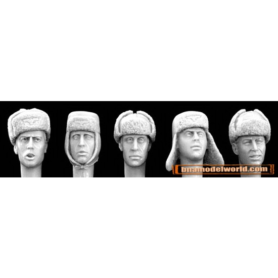 1/35 5x Heads with Assorted WWII German Pile&Fur Winter Headgear