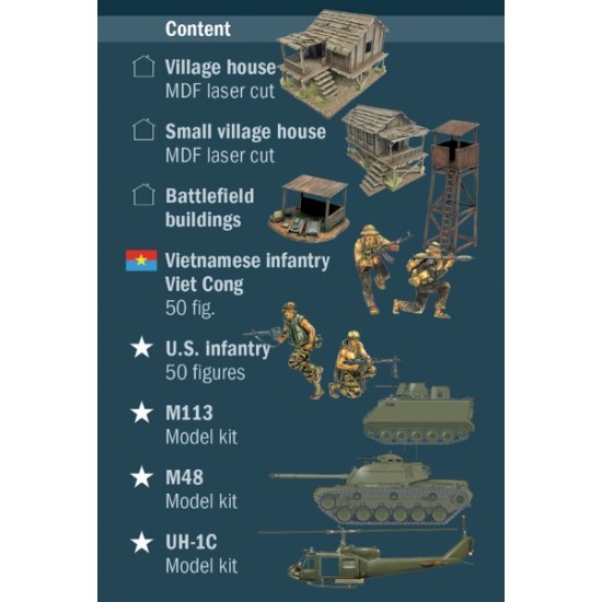1/72 Vietnam War Battle Set - M48, M113, UH 1C, Battlefield Buildings, Vietnamese Huts