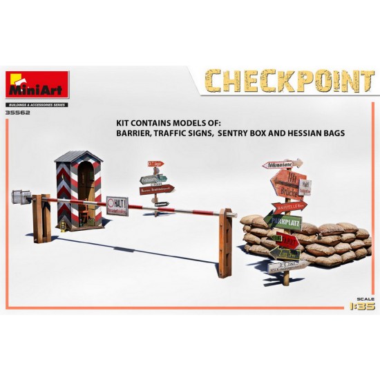 1/35 Checkpoint: Barrier, Traffic Signs, Sentry Box, Hessian Bags
