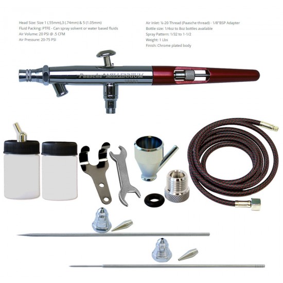 Double Action Siphon Feed Airbrush w/Metal Handle & .55 .75 & 1.05mm Heads