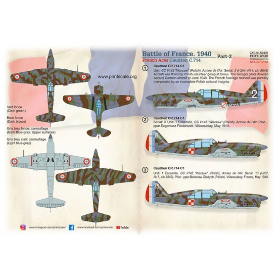 Decals for 1/72 Battle of France, 1940: French Aces Caudron C.714 Decals for 1/72 Battle of France, 1940: French Aces Caudron C.714