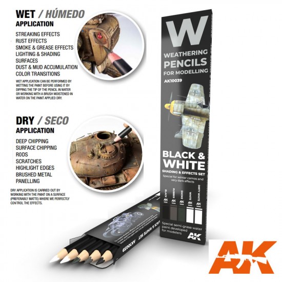 Weathering Semi Grease Water Pencils Set - Black and White (5pcs)