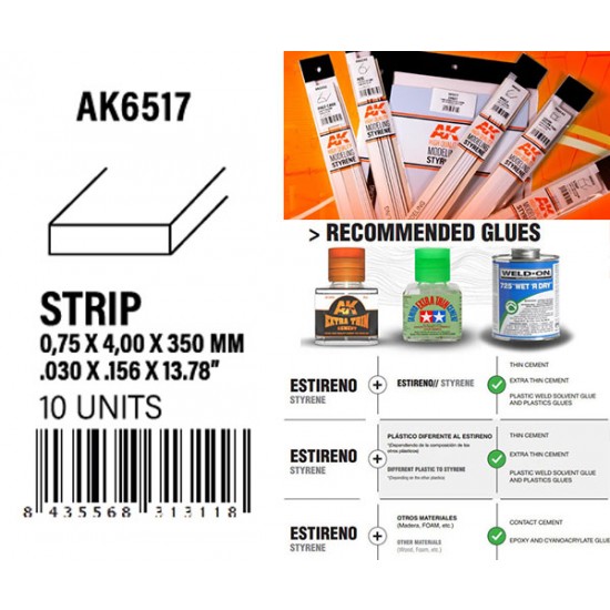 Styrene Strips 0.75 x 4.00 x 350mm (10pcs)