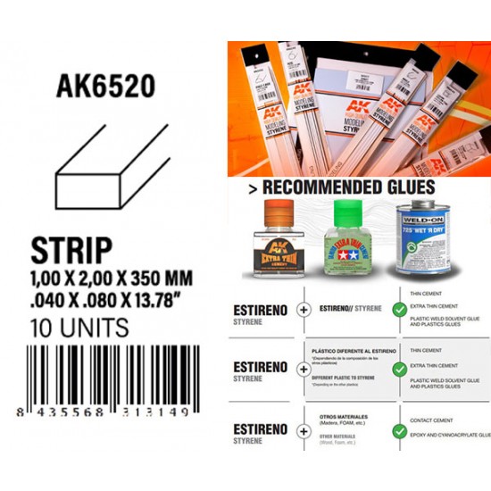 Styrene Strips 1.00 x 2.00 x 350mm (10pcs)