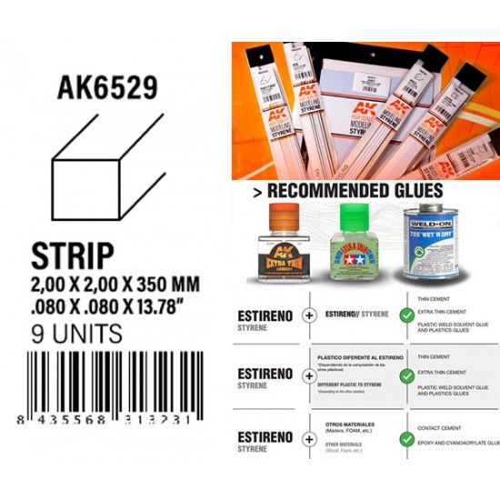 Styrene Strips 2.00 x 2.00 x 350mm (9pcs)