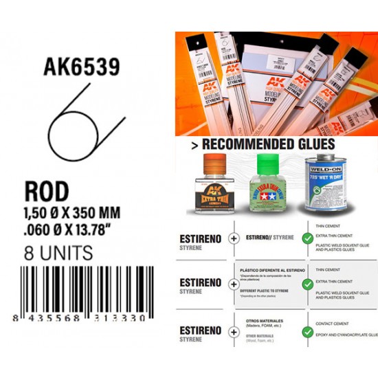 Styrene Rod 1.50 diameter x 350mm (8pcs)