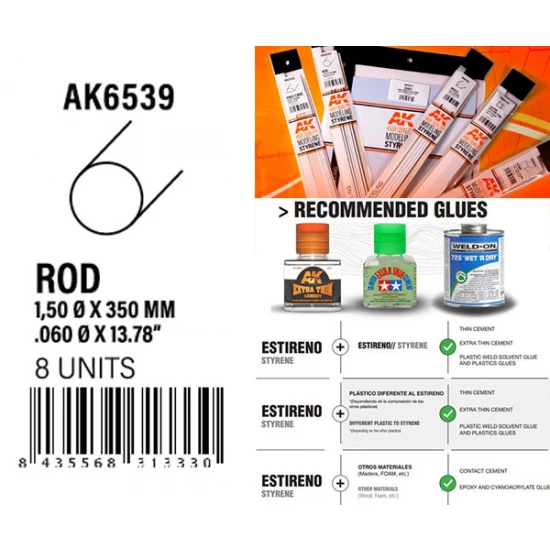 Styrene Rod 1.50 diameter x 350mm (8pcs)