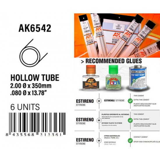 Styrene Hollow Tube 2.00dx350mm, W.T. 0.7mm (6pcs)