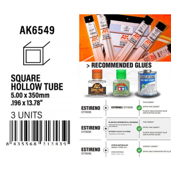 Styrene Square Hollow Tube 5.00x350mm, W.T. 0.7mm (3pcs)