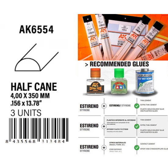Styrene Half Cane 4.00 x 350mm (3pcs)