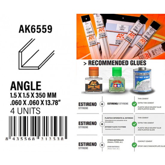 Styrene Angle 1.50 x 1.50 x 350mm (4pcs)