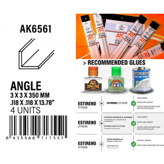 Styrene Angle 3 x 3 x 350mm (4pcs)