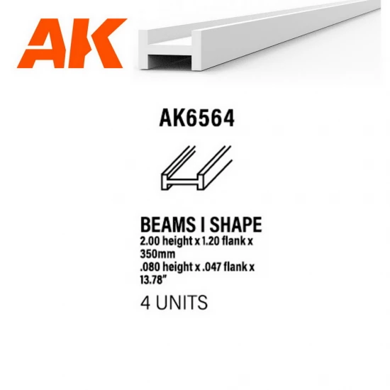 Styrene Beams I Shape (height 2.0, flank 1.2, length 350mm, 4 white polystyrene strips)