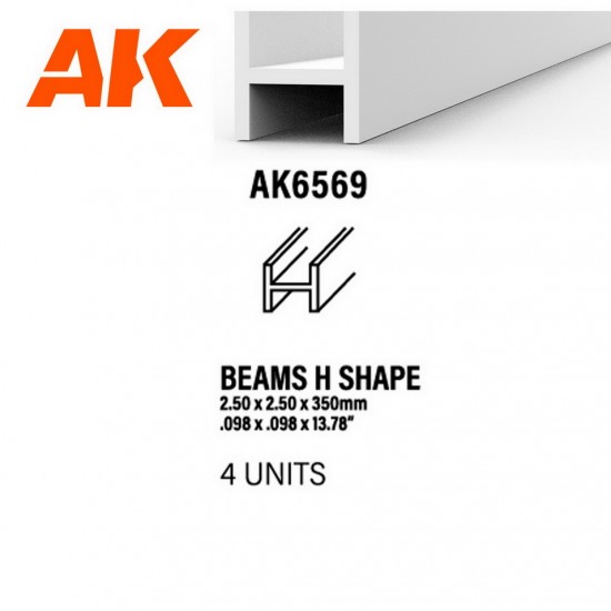 Styrene Beams H Shape (height 2.5, flank 2.5, length 350mm, 4 white polystyrene strips)
