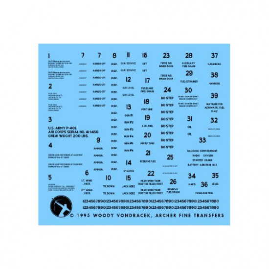 1/32 Curtiss P-40E Warhawk Data Stencils Dry Transfers Decal