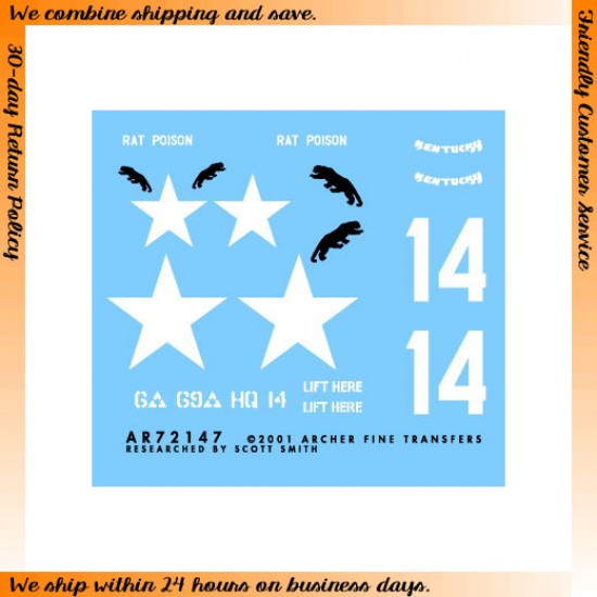 Dry Transfers for 1/72 US 6th Armoured Division M4(105) "14" 