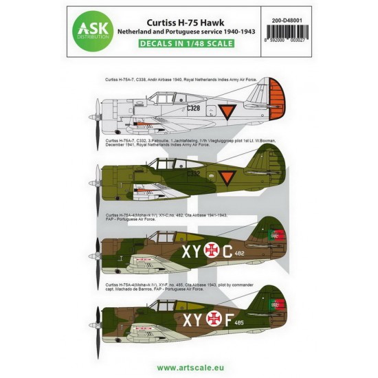 Decals for 1/48 Curtiss H-75 Netherlands and Portuguese service 1940-1943