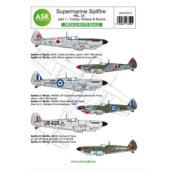 Decal for 1/72 Supermarine Spitfire Mk.IXc & Mk.IXe part 1 - Greece, Turkiye, Barma