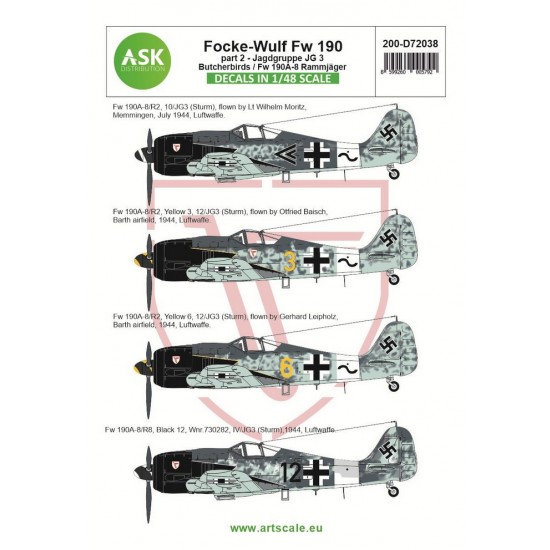 1/72 Focke-Wulf Fw 190A-8/R2 Decals Part 2 - Jg 3 Butcherbirds / Fw 190A-8 Rammjager