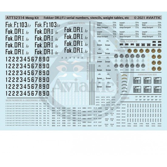 1/32 (Screen Printed) Fokker F.I/Dr.I Serial Numbers, Stencils, Weight Tables Etc Decals