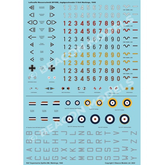 Battle of Britain Decal for 1/144 RAF Spitfire 1940 & BF109E JG 2 1940 Markings