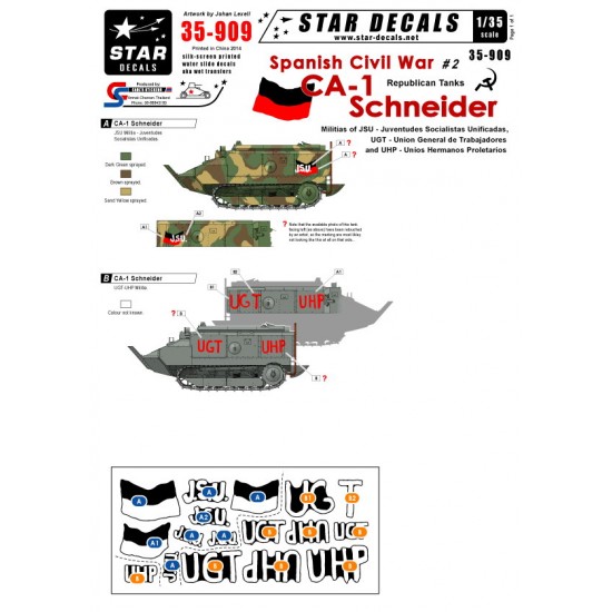 1/35 Spanish Civil War #2 CA-1 Schneider Decals for Republican Tanks JSU Militias/UGT/UHP