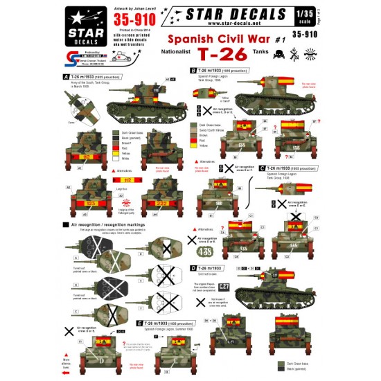 1/35 Spanish Civil War #1 Nationalist T-26 Tanks Decals for T-26 m/1933 