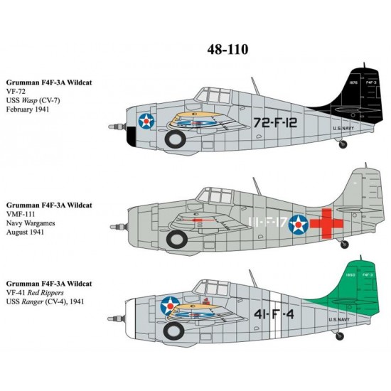 Decals for 1/48 F4F-3A VF-72 VMF-111, VF-41 Wildcats 1941 