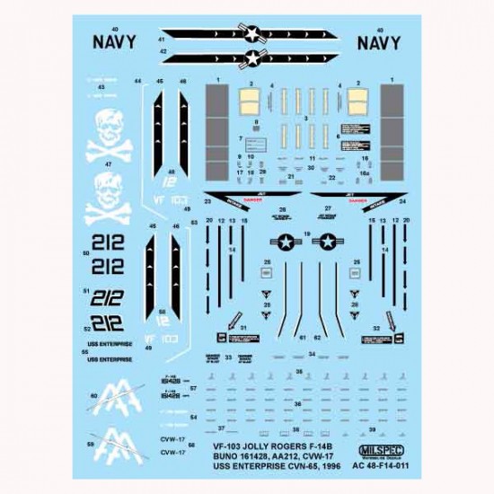 Decals for 1/48 Grumman F-14B Tomcat VF-103 Jolly Rogers, USS Enterprise CVN-65, CVW-17 1996