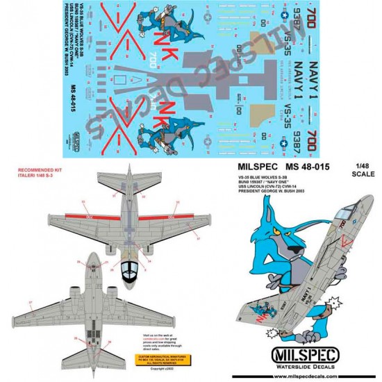 Decals For 1/48 VS-35 Blue Wolves S-3B / Navy One / CVN-72 2003