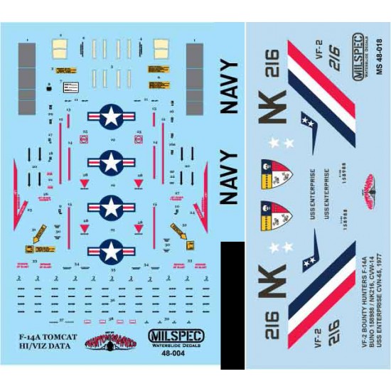 Decals for 1/48 Grumman F-14A Tomcat VF-2 Bounty Hunters, USS Enterprise CVN-65, CVW-14 1977
