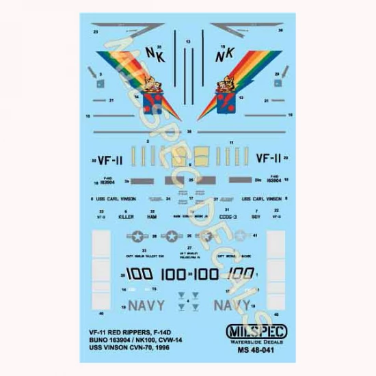 Decals for 1/48 Grumman F-14D VF-11 Red Rippers CVN-70 1996