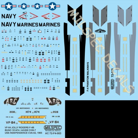 Decals for 1/72 VF-84, Jolly Rogers, F-4B Phantom, USS Independence, CVA-62, CVW-7 1965