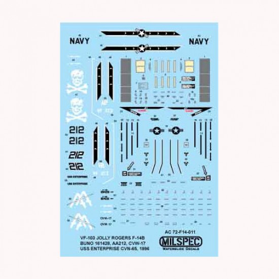 Decals for 1/72 VF-103 Jolly Rogers, F-14B Tomcat, USS Enterprise, CVN-65, CVW-17, 1996