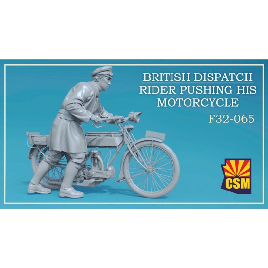 1/32 British Dispatch Rider pushing his motorcycle