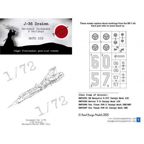 1/72 J-35 Draken National Insignias Masking for Hasegawa kits