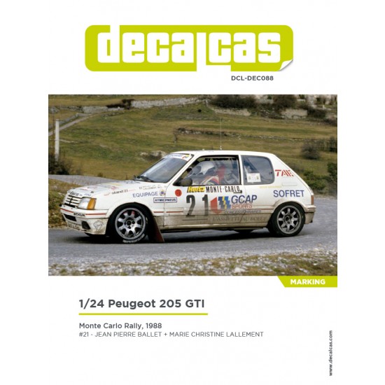 1/24 Peugeot 205 GTI Group A GCAP Sports Monte Carlo Rally 1988 Marking Decal