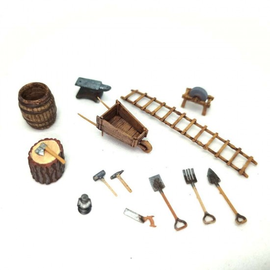 1/72 Miniature Farm Tools: Wooden Wheelbarrow, Tree Stump, Anvil, Grinder, Oil Lamp more