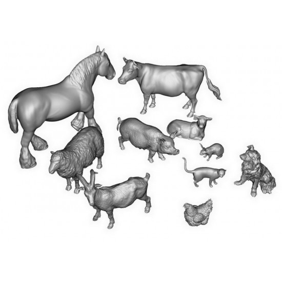 1/35 Animal Livestock: Ardennais Horse, Border Collie Dog, Cow, Calf, Pork, Sheep, Goat