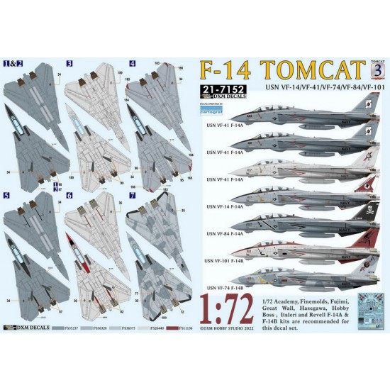 1/72 USN VF-14/41/74/84/101 F-14 Tomcat Collection #3 Decals for Academy/Finemolds/Fujimi