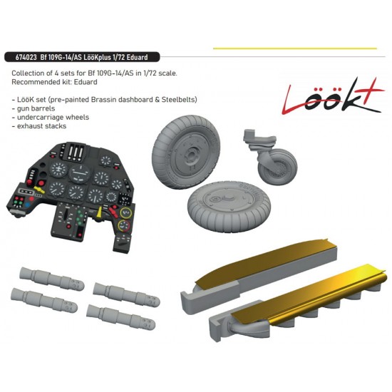 1/72 Bf 109G-14/AS Dashboard, Seatbelts, Gun Barrels, Wheels, Exhaust Stacks for Eduard