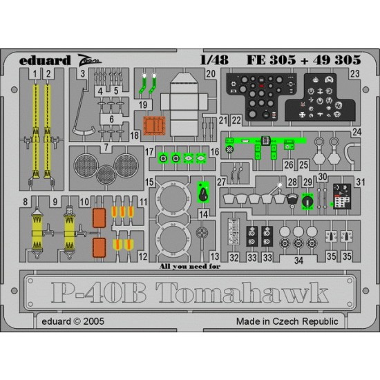 Colour Photoetch for 1/48 Curtiss P-40B Warhawk for Trumpeter kit