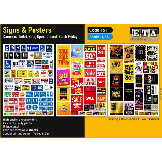 1/35 Modern Signs and Posters - Toilet, Sale, Open, Closed, Black Friday (3 sheets)