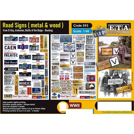 1/48 WWII Metal and Wood Road Signs - D-Day, Ardennes, Battle of the Bulge (paper)
