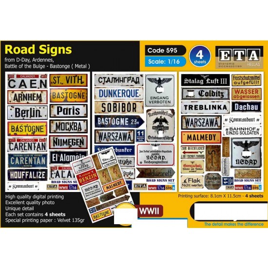 1/16 WWII Metal Road Signs - D-Day, Ardennes, Battle of the Bulge (paper)
