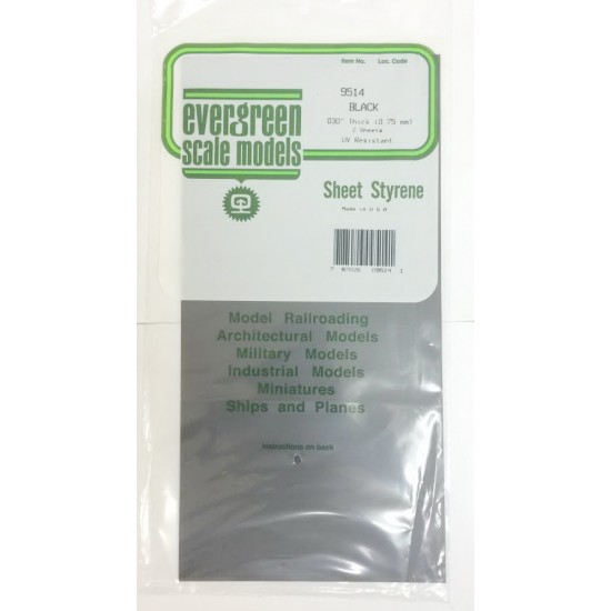 Evergreen Black Styrene Sheet (Size 6" x 12"; Thickness .03"/0.75mm